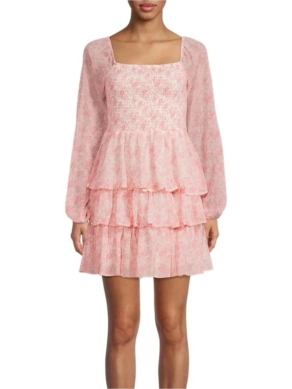 madden nyc - pink floral smocked ruffle tiered dress